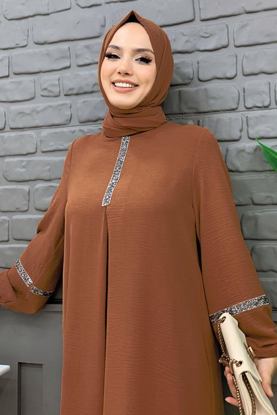 Tesettür giyim TABA TAŞLI PANTOLONLU TAKIM T 4648