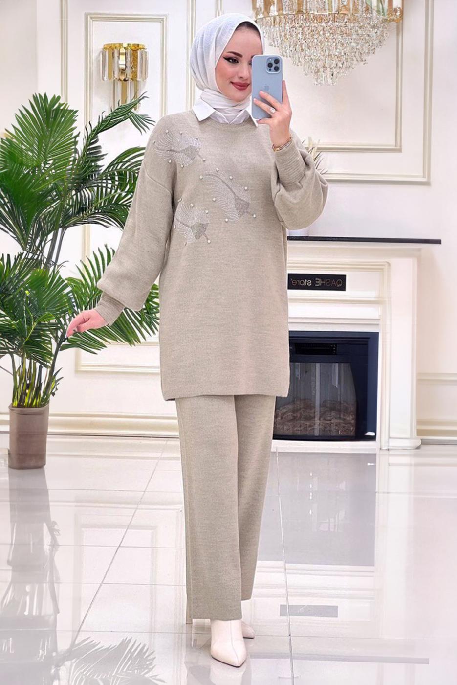 Tesettür giyim VİZON TAŞLI PANTOLONLU TAKIM T 49321