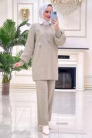Tesettür giyim VİZON TAŞLI PANTOLONLU TAKIM T 49321