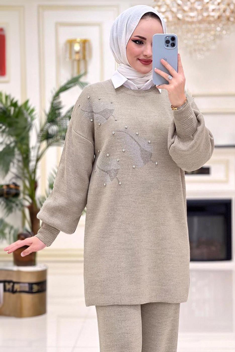 Tesettür giyim VİZON TAŞLI PANTOLONLU TAKIM T 49321