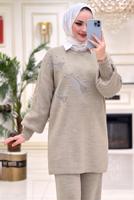 Tesettür giyim VİZON TAŞLI PANTOLONLU TAKIM T 49321