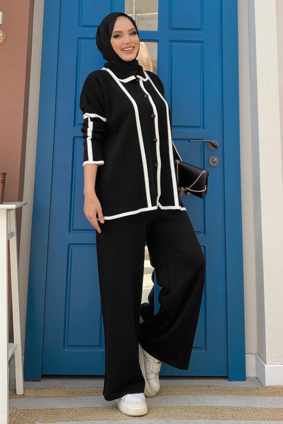 Tesettür giyim SİYAH TRİKO PANTOLONLU TAKIM T 50332