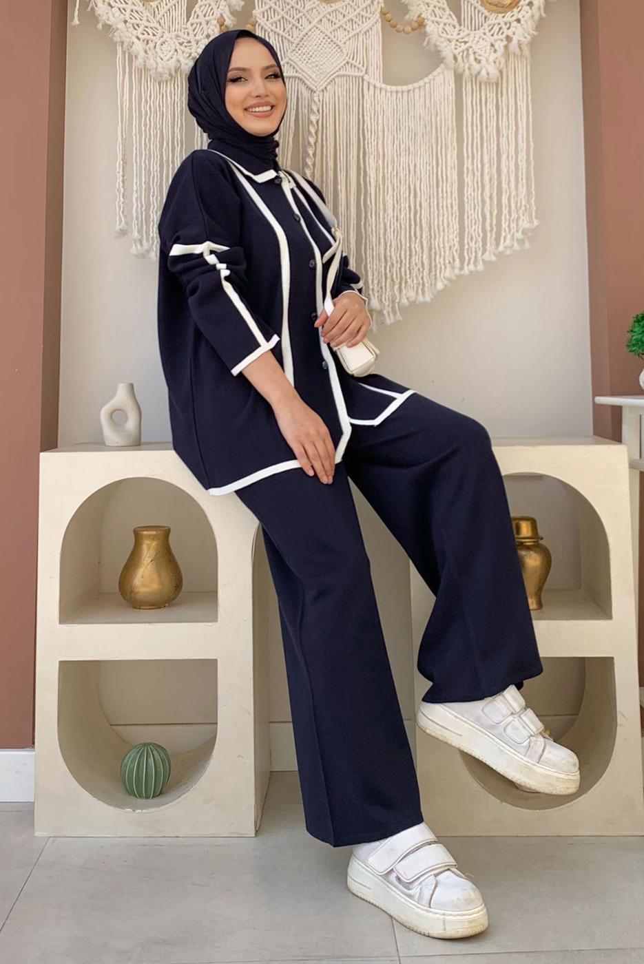 Tesettür giyim LACİVERT TRİKO PANTOLONLU TAKIM T 50332