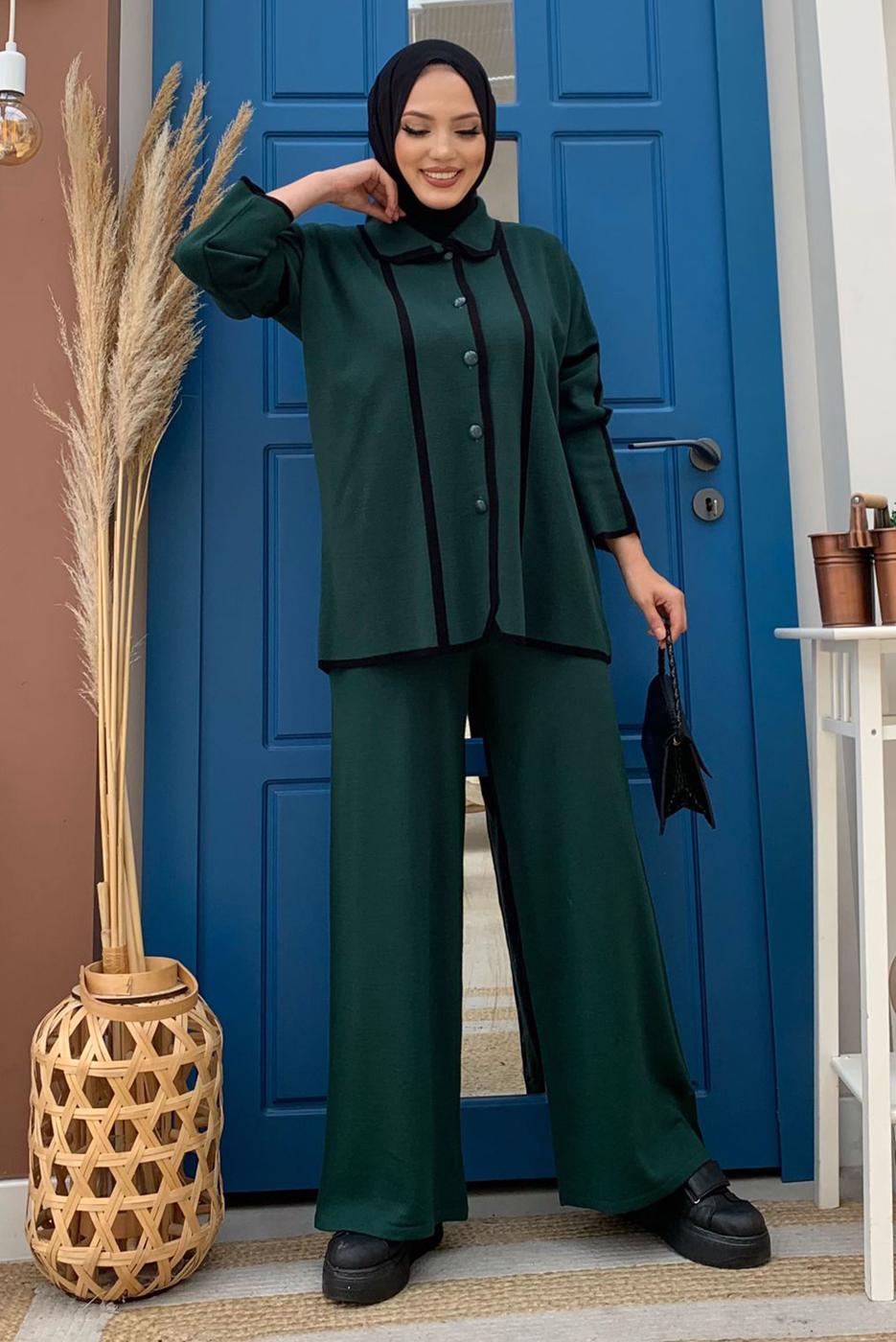 Tesettür giyim YEŞİL TRİKO PANTOLONLU TAKIM T 50332