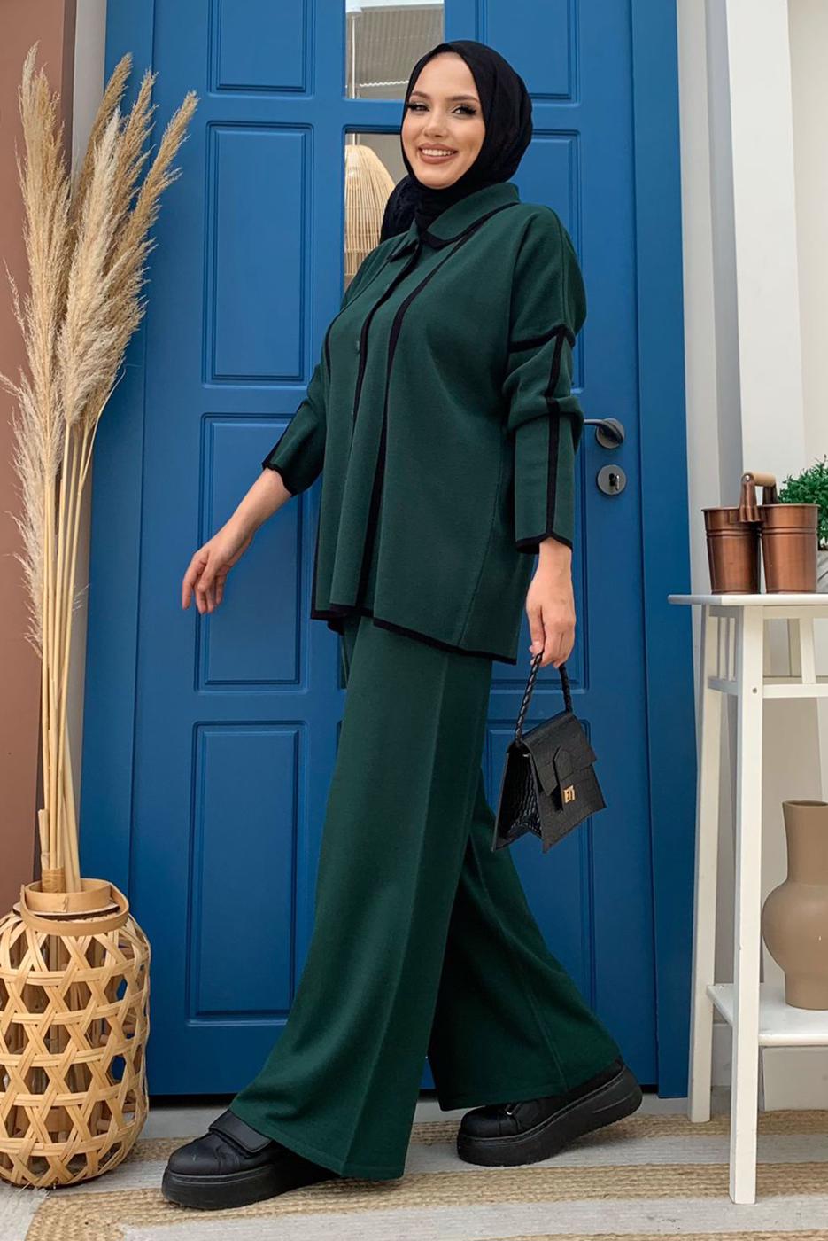 Tesettür giyim YEŞİL TRİKO PANTOLONLU TAKIM T 50332