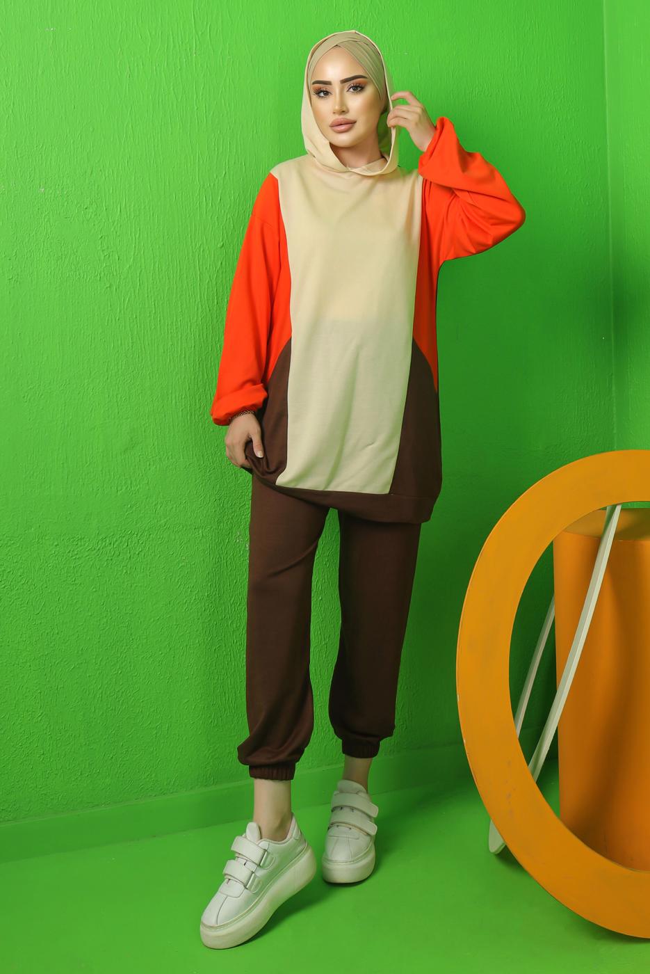 Tesettür giyim TURUNCU RENK BLOKLU KAPÜŞONLU PANTOLONLU TAKIM T 5043