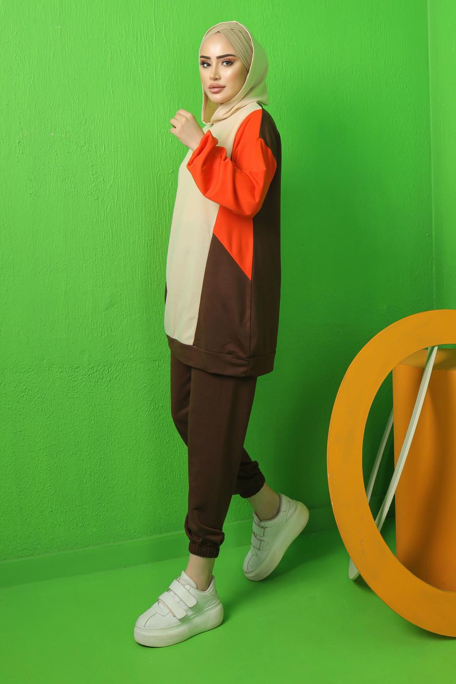 Tesettür giyim TURUNCU RENK BLOKLU KAPÜŞONLU PANTOLONLU TAKIM T 5043