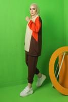 Tesettür giyim TURUNCU RENK BLOKLU KAPÜŞONLU PANTOLONLU TAKIM T 5043