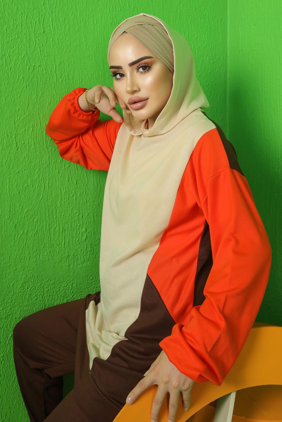 Tesettür giyim TURUNCU RENK BLOKLU KAPÜŞONLU PANTOLONLU TAKIM T 5043
