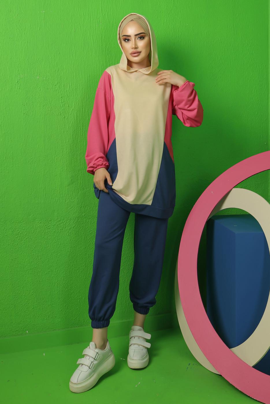 Tesettür giyim BEJ RENK BLOKLU KAPÜŞONLU PANTOLONLU TAKIM T 5043