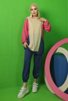 Tesettür giyim BEJ RENK BLOKLU KAPÜŞONLU PANTOLONLU TAKIM T 5043