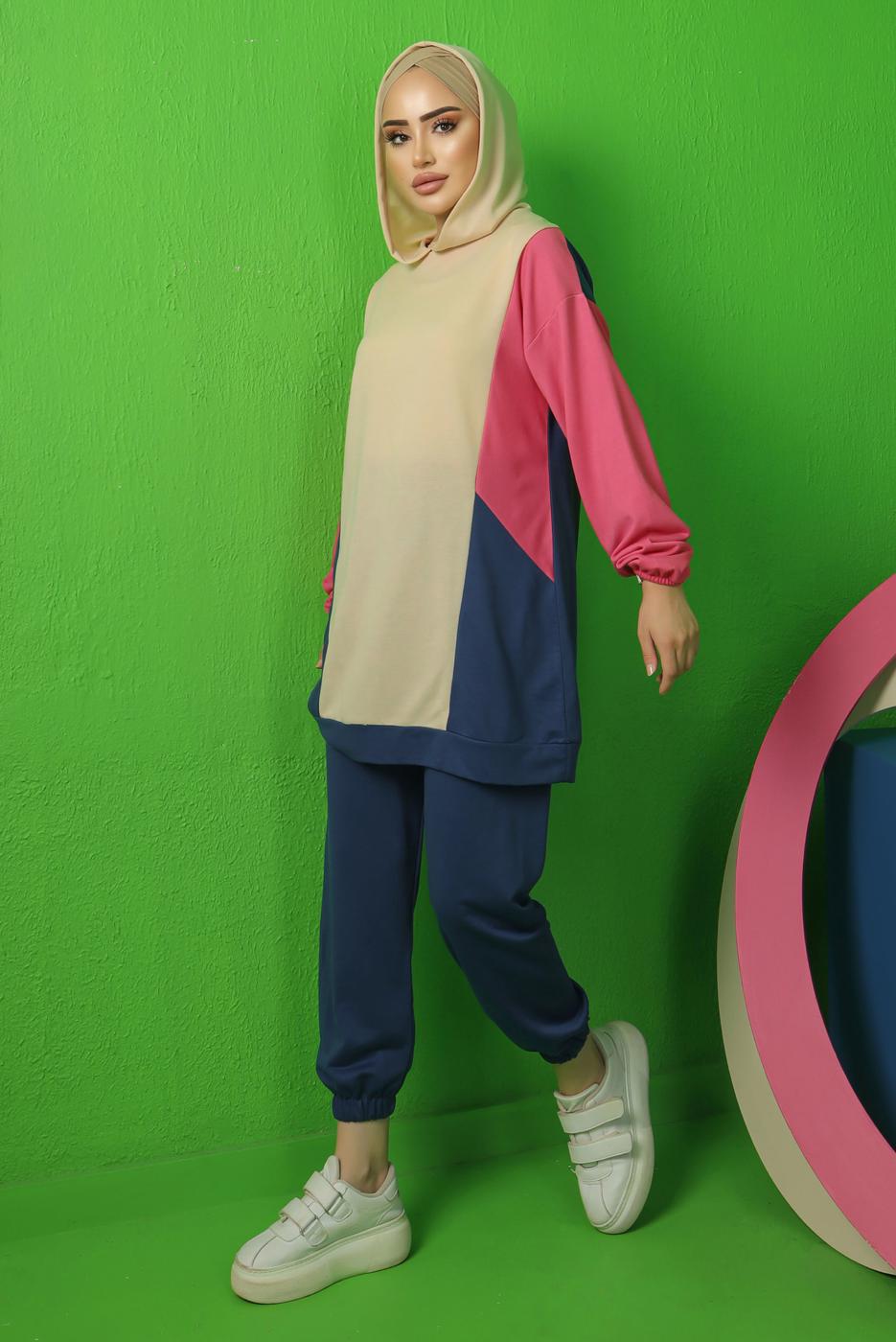 Tesettür giyim BEJ RENK BLOKLU KAPÜŞONLU PANTOLONLU TAKIM T 5043