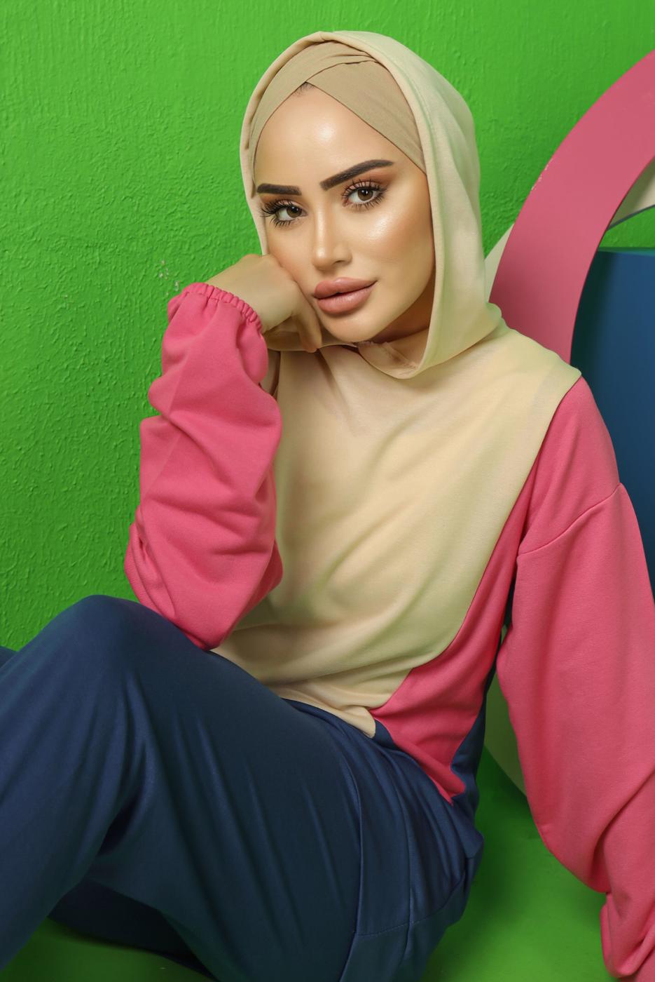 Tesettür giyim BEJ RENK BLOKLU KAPÜŞONLU PANTOLONLU TAKIM T 5043