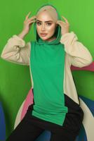 Tesettür giyim YEŞİL RENK BLOKLU KAPÜŞONLU PANTOLONLU TAKIM T 5043