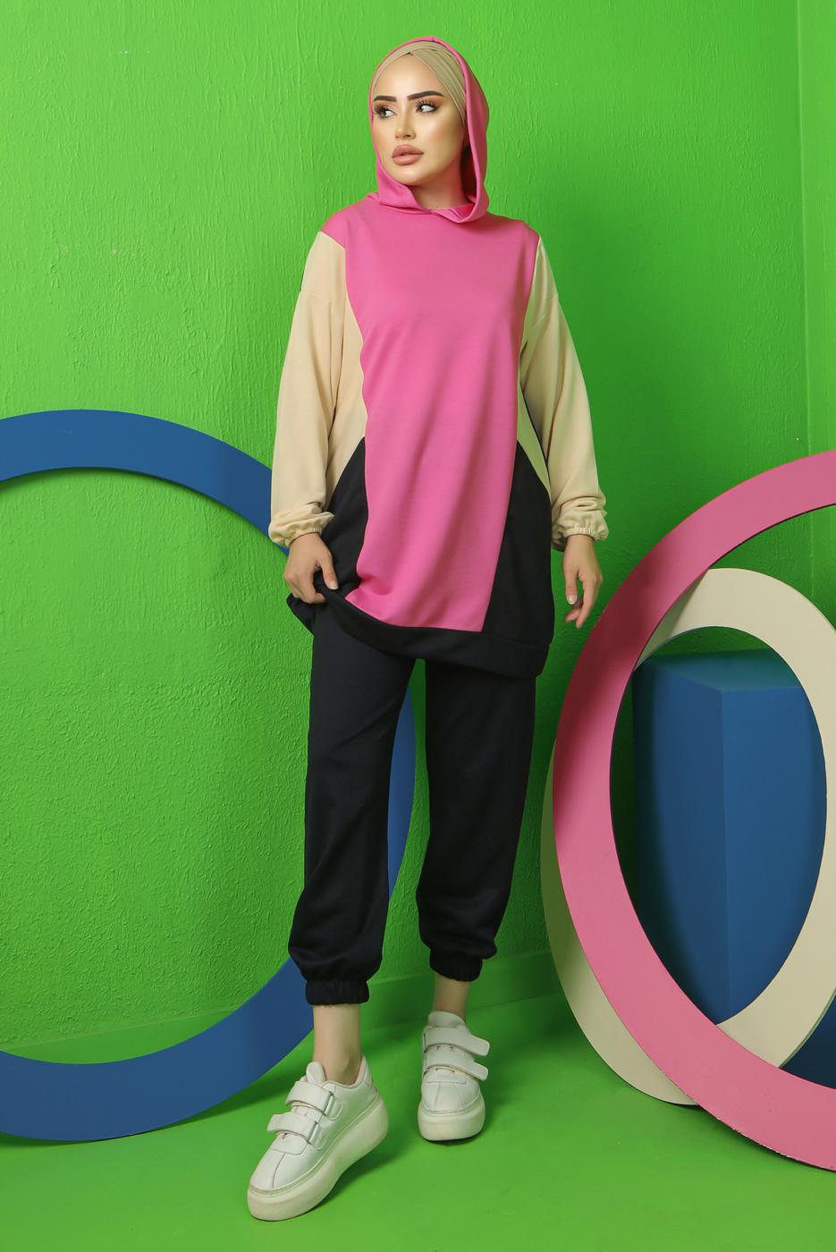 Tesettür giyim FUŞYA RENK BLOKLU KAPÜŞONLU PANTOLONLU TAKIM T 5043
