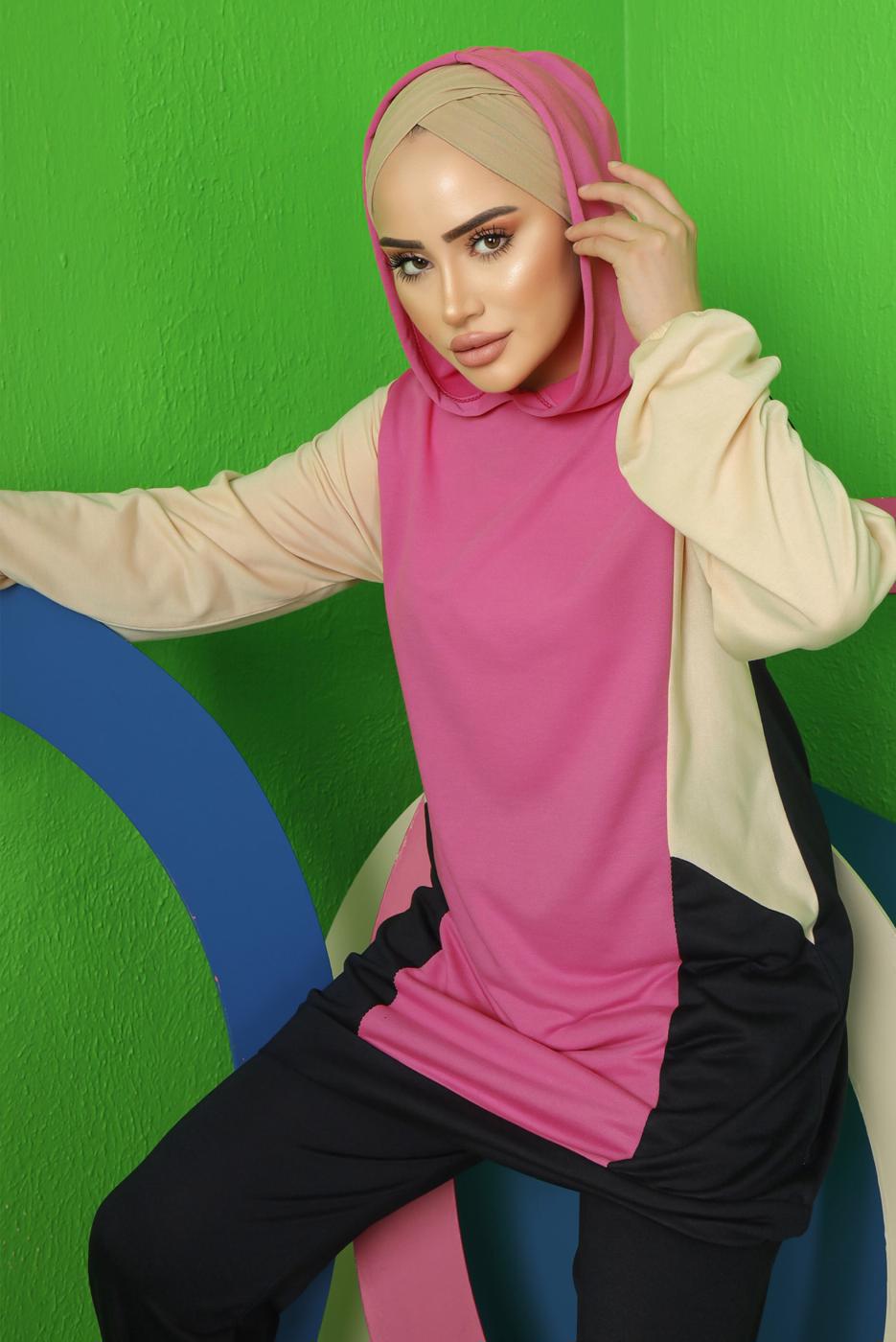 Tesettür giyim FUŞYA RENK BLOKLU KAPÜŞONLU PANTOLONLU TAKIM T 5043