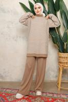 Tesettür giyim KAHVE ZİKZAK DESENLİ BOĞAZLI YAKA PANTOLONLU TAKIM T 5108