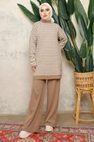 Tesettür giyim KAHVE ZİKZAK DESENLİ BOĞAZLI YAKA PANTOLONLU TAKIM T 5108