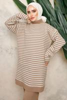 Tesettür giyim KAHVE ZİKZAK DESENLİ BOĞAZLI YAKA PANTOLONLU TAKIM T 5108