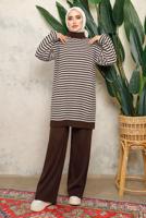Tesettür giyim KAHVE ZİKZAK DESENLİ BOĞAZLI YAKA PANTOLONLU TAKIM T 5108