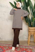 Tesettür giyim KAHVE ZİKZAK DESENLİ BOĞAZLI YAKA PANTOLONLU TAKIM T 5108