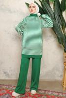 Tesettür giyim YEŞİL ZİKZAK DESENLİ BOĞAZLI YAKA PANTOLONLU TAKIM T 5108