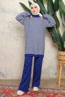 Tesettür giyim LACİVERT ZİKZAK DESENLİ BOĞAZLI YAKA PANTOLONLU TAKIM T 5108