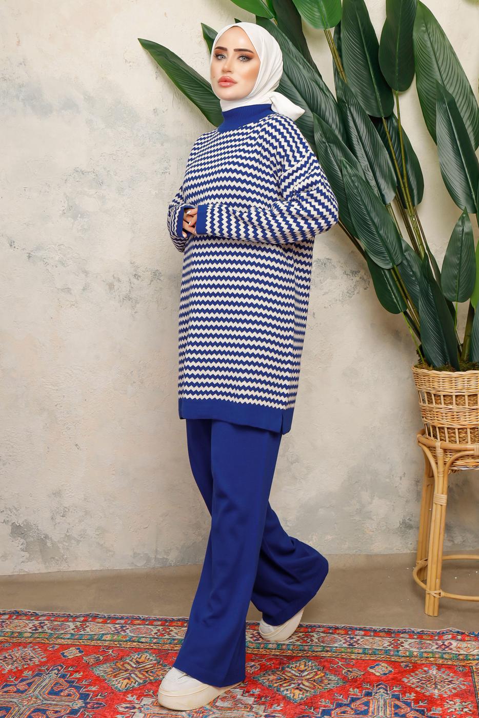 Tesettür giyim LACİVERT ZİKZAK DESENLİ BOĞAZLI YAKA PANTOLONLU TAKIM T 5108