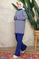 Tesettür giyim LACİVERT ZİKZAK DESENLİ BOĞAZLI YAKA PANTOLONLU TAKIM T 5108