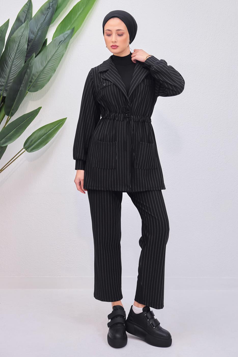 Tesettür giyim SİYAH ÇİZGİLİ PANTOLONLU TAKIM T 5153