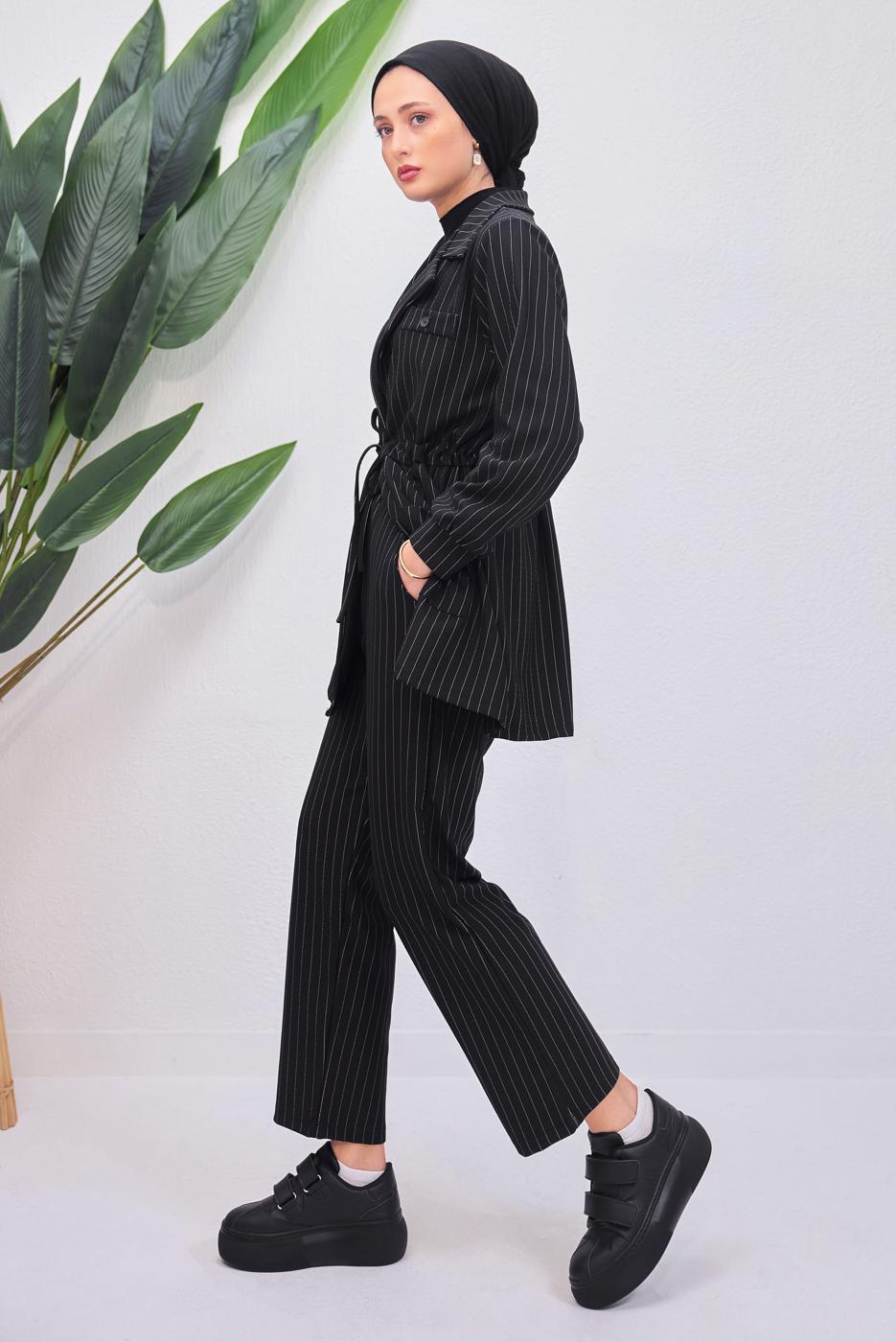 Tesettür giyim SİYAH ÇİZGİLİ PANTOLONLU TAKIM T 5153