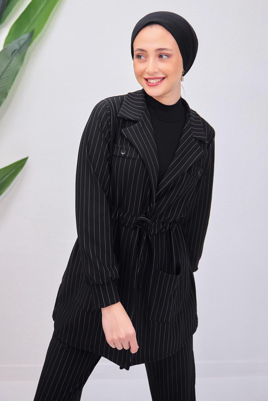 Tesettür giyim SİYAH ÇİZGİLİ PANTOLONLU TAKIM T 5153