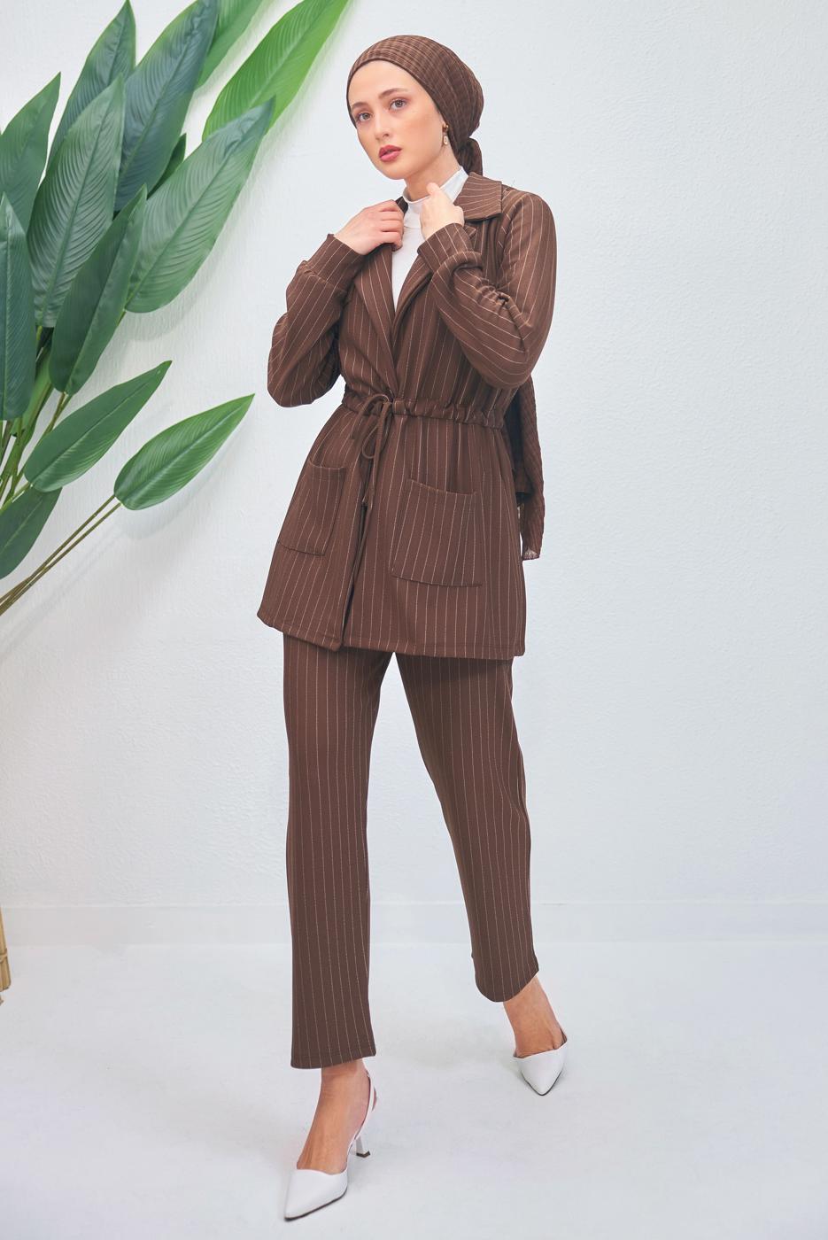 Tesettür giyim KAHVE ÇİZGİLİ PANTOLONLU TAKIM T 5153