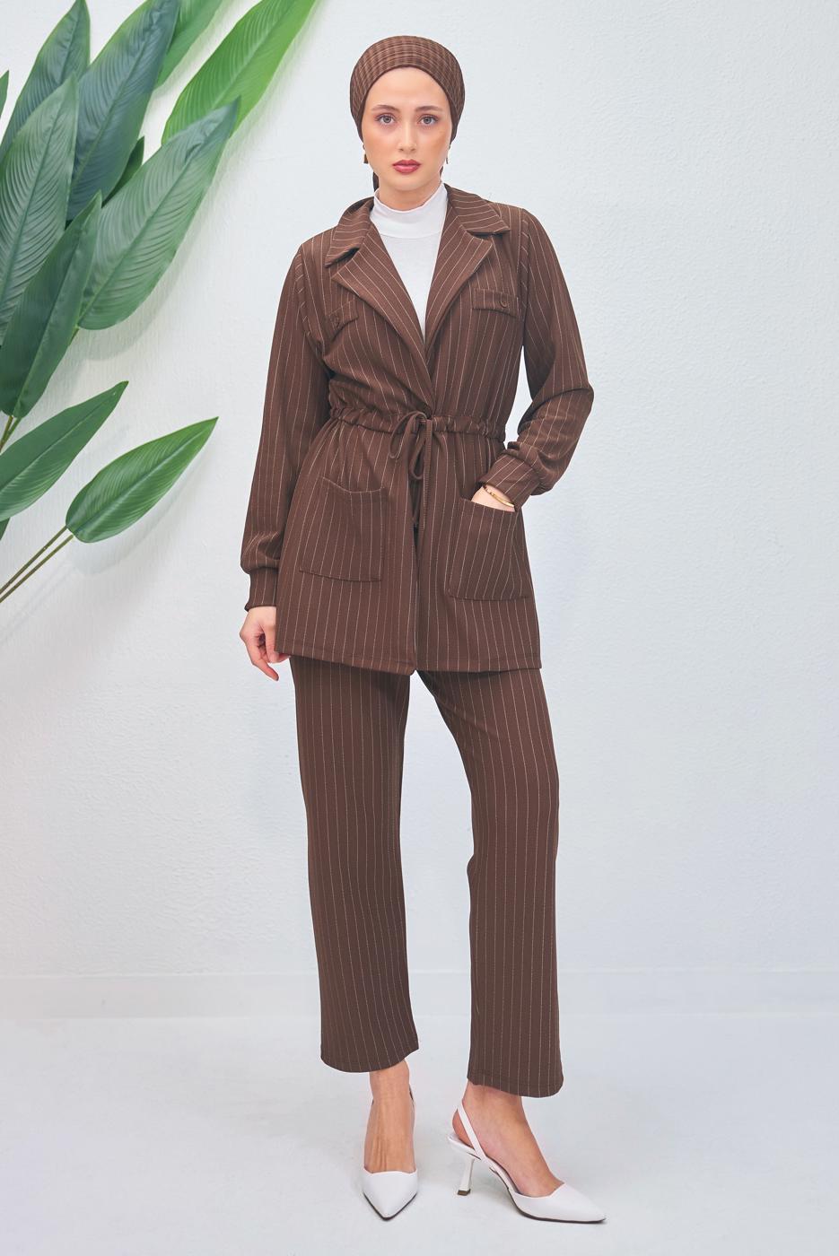 Tesettür giyim KAHVE ÇİZGİLİ PANTOLONLU TAKIM T 5153