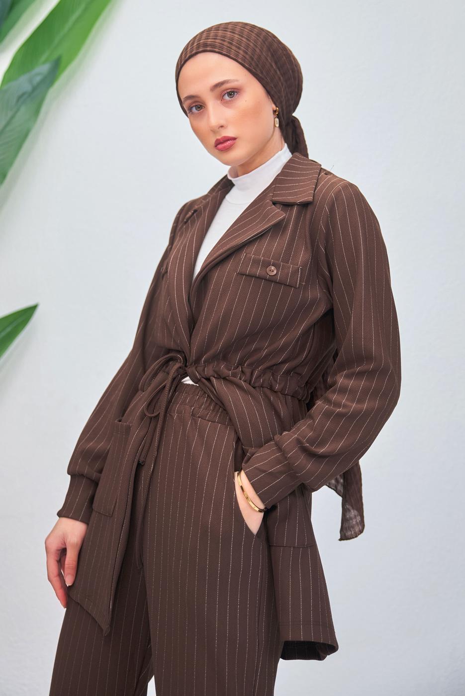 Tesettür giyim KAHVE ÇİZGİLİ PANTOLONLU TAKIM T 5153