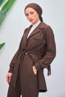 Tesettür giyim KAHVE ÇİZGİLİ PANTOLONLU TAKIM T 5153