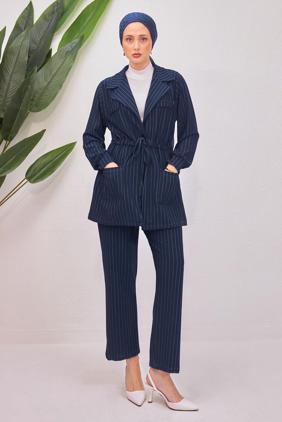Tesettür giyim LACİVERT ÇİZGİLİ PANTOLONLU TAKIM T 5153