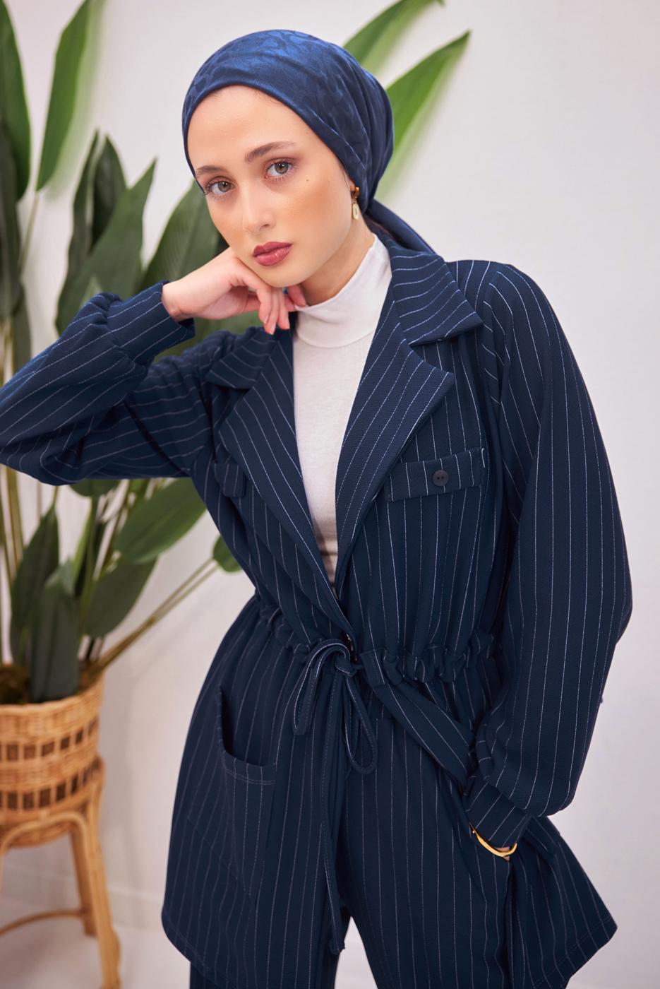 Tesettür giyim LACİVERT ÇİZGİLİ PANTOLONLU TAKIM T 5153