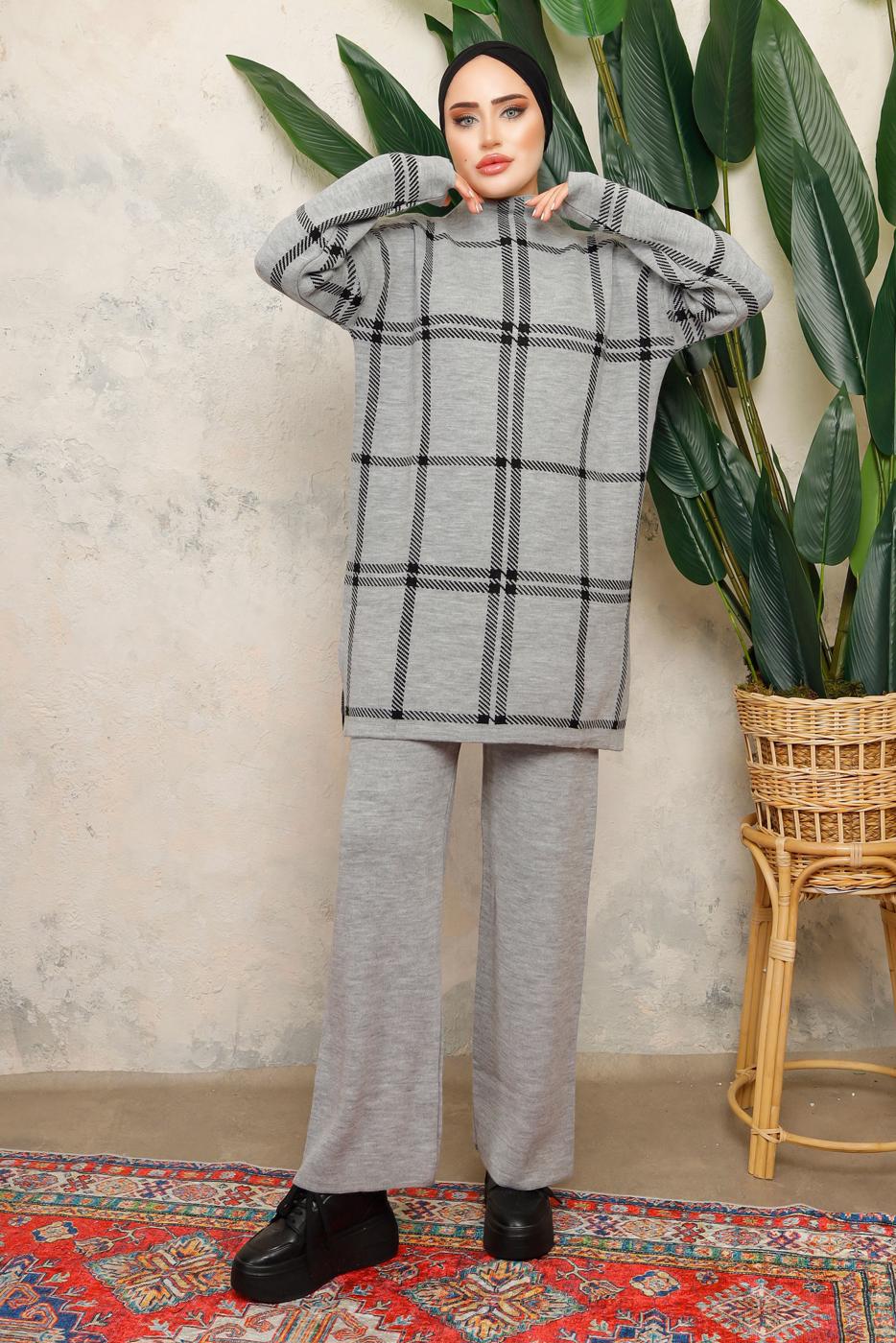 Tesettür giyim GRİ PANTOLONLU TRİKO TAKIM T 5308