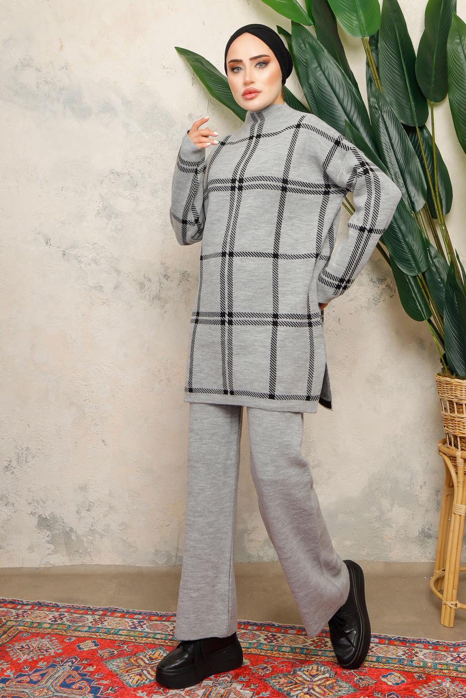 Tesettür giyim GRİ PANTOLONLU TRİKO TAKIM T 5308