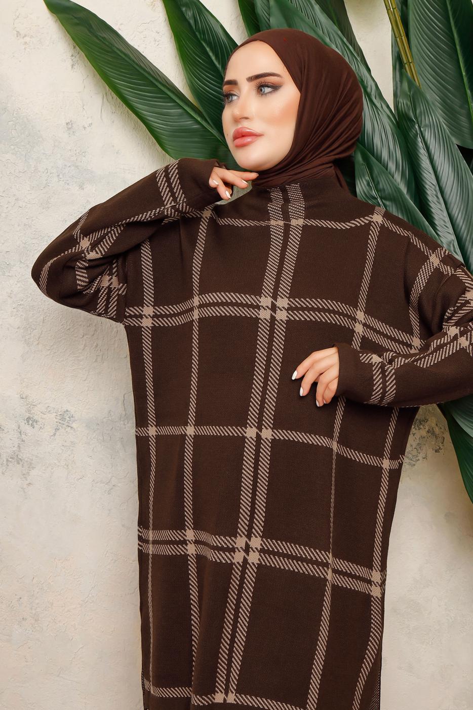 Tesettür giyim KAHVE PANTOLONLU TRİKO TAKIM T 5308