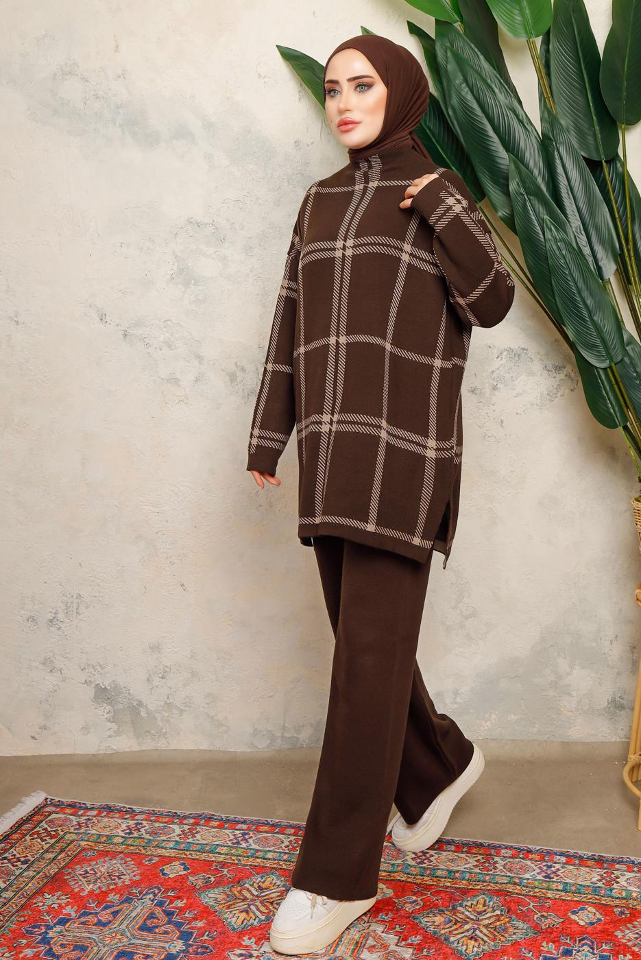 Tesettür giyim KAHVE PANTOLONLU TRİKO TAKIM T 5308