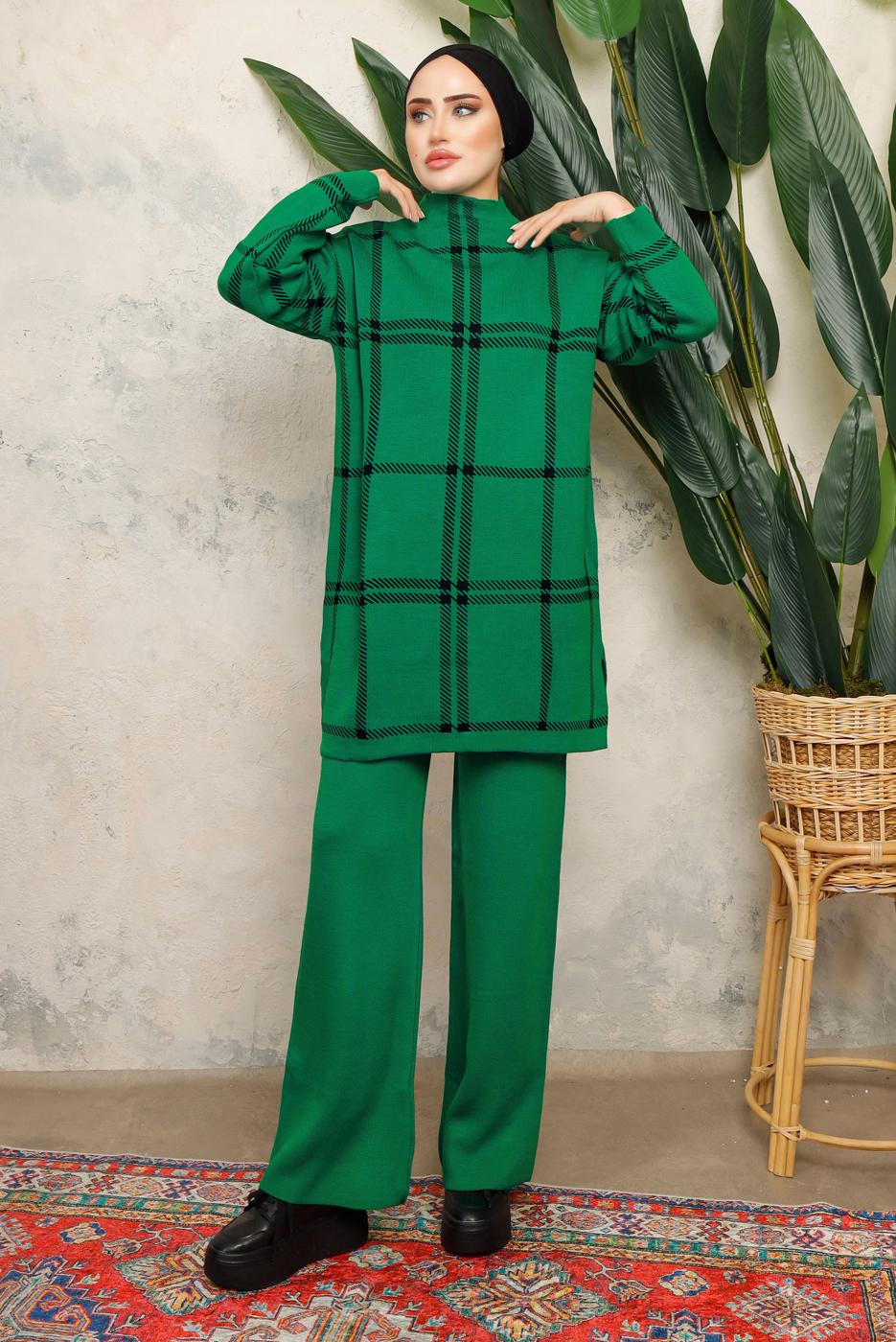 Tesettür giyim YEŞİL PANTOLONLU TRİKO TAKIM T 5308