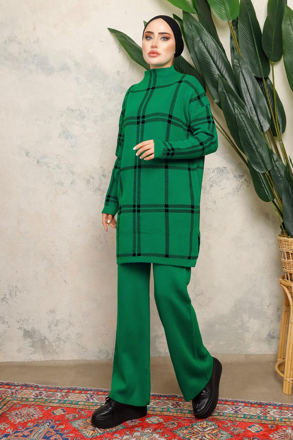 Tesettür giyim YEŞİL PANTOLONLU TRİKO TAKIM T 5308