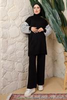 Tesettür giyim SİYAH KOLU DESENLİ PANTOLONLU TRİKO TAKIM T 5408
