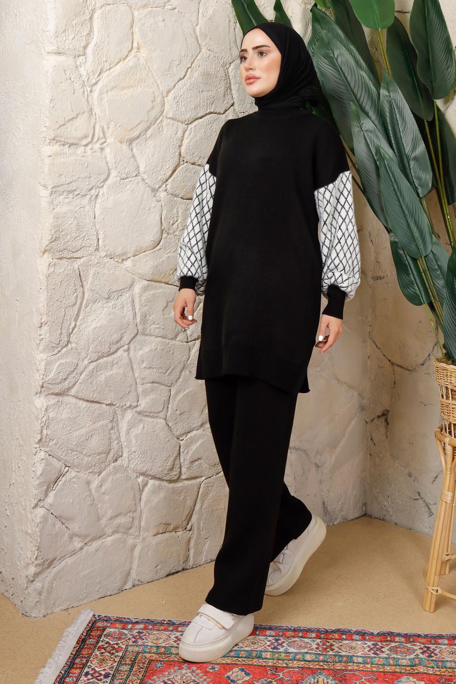 Tesettür giyim SİYAH KOLU DESENLİ PANTOLONLU TRİKO TAKIM T 5408