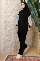Tesettür giyim SİYAH KOLU DESENLİ PANTOLONLU TRİKO TAKIM T 5408