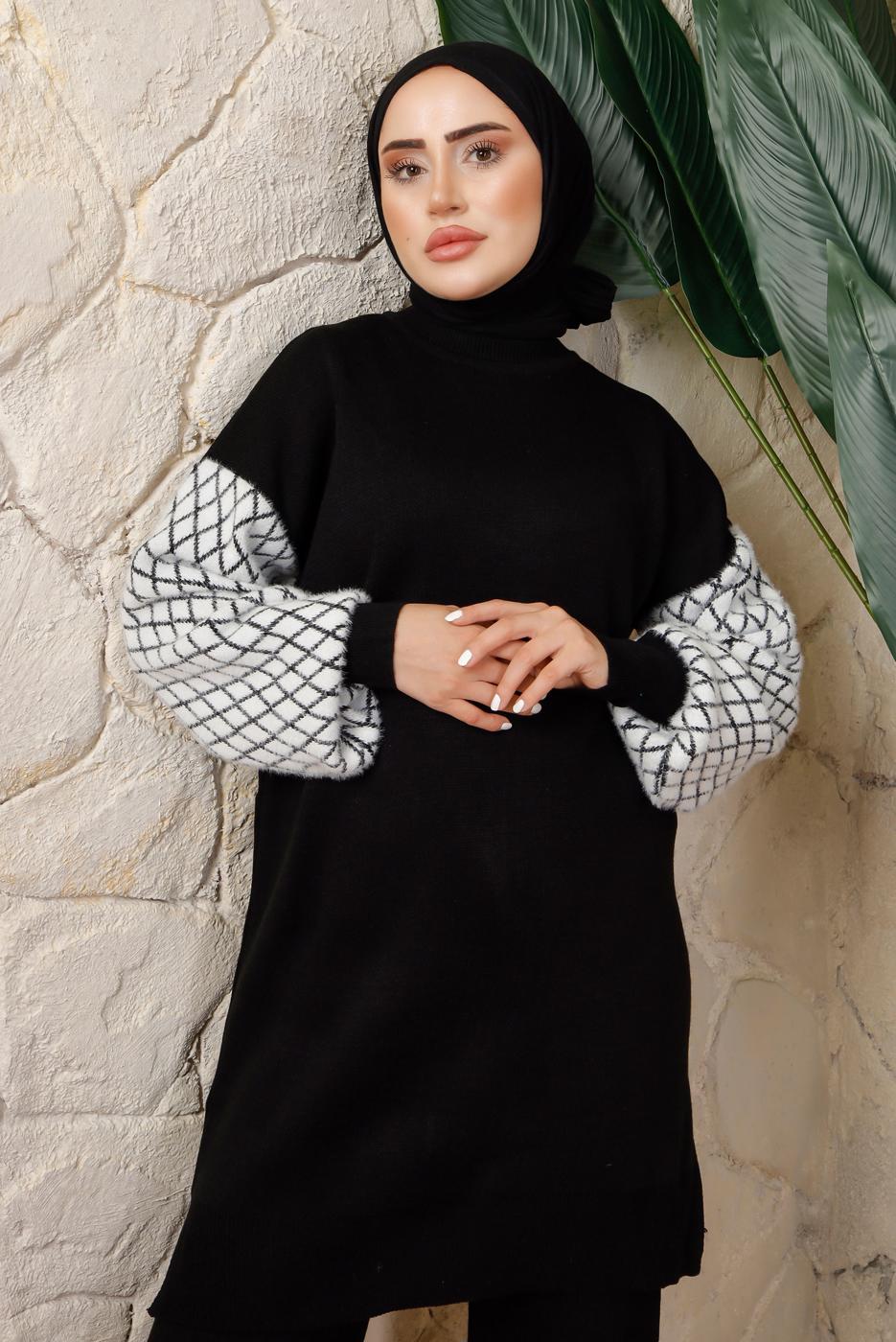 Tesettür giyim SİYAH KOLU DESENLİ PANTOLONLU TRİKO TAKIM T 5408