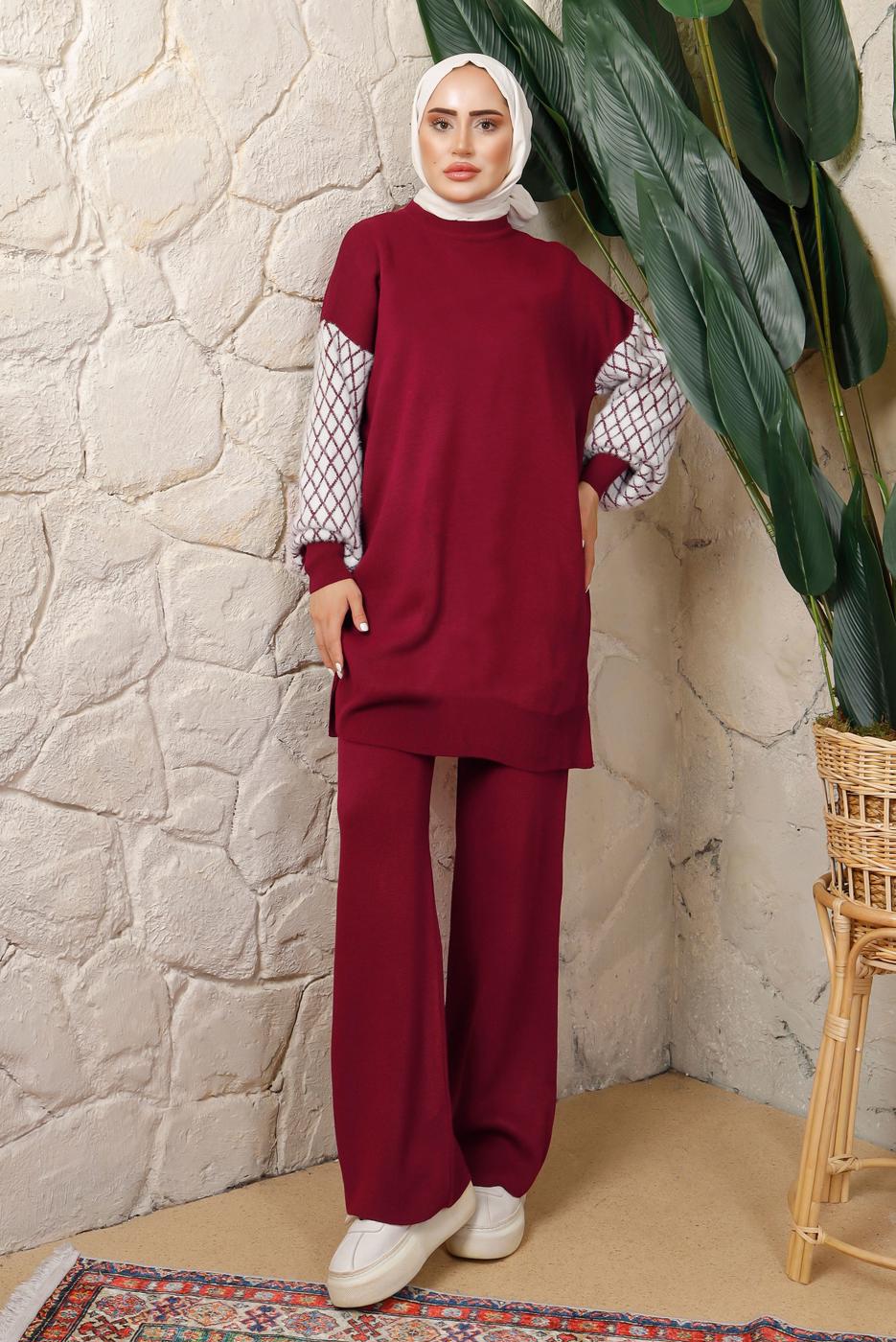 Tesettür giyim BORDO KOLU DESENLİ PANTOLONLU TRİKO TAKIM T 5408
