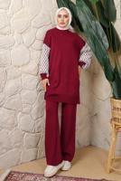 Tesettür giyim BORDO KOLU DESENLİ PANTOLONLU TRİKO TAKIM T 5408